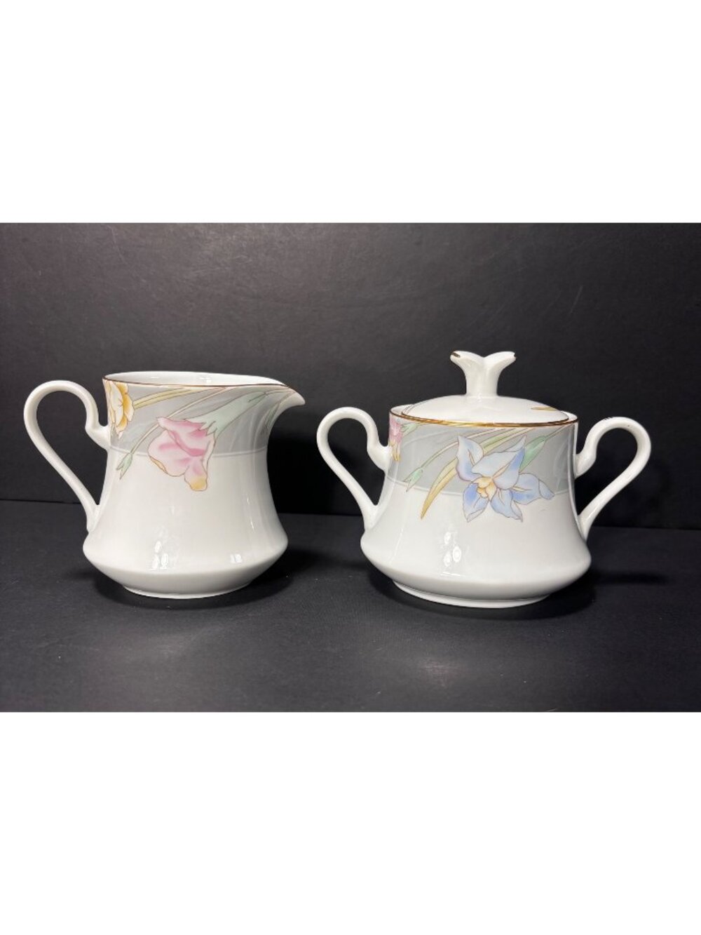 Mikasa Charisma Gray Sugar Bowl & Creamer Set Floral Porcelain Japan Vintage 80s